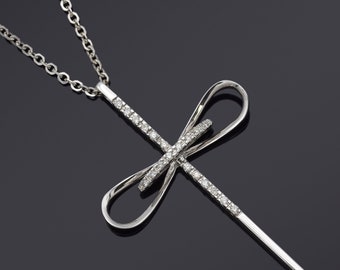 Criss Cross Necklace, Bow Necklace, 1.0Ct Diamond Necklace, 14K White Gold Necklace, Wedding Necklace, Necklaces For Women, Gift For Friend