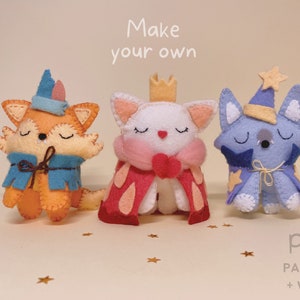 PDF sewing pattern and video tutorial DIY of mini stuffed animals cat, wolf, fox plush amigurumi easy to sew