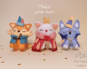 PDF sewing pattern and video tutorial DIY of mini stuffed animals cat, wolf, fox plush amigurumi easy to sew