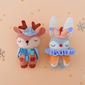 PDF sewing pattern and video tutorial DIY of 2 mini stuffed animals bunny and deer plush amigurumi easy to sew