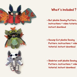 DIY Halloween plushie pattern with step-by-step instructions, showing cut felt pieces and stitching details. Bat, swamp Cat, skeleton wolf. Amigurumi doll.