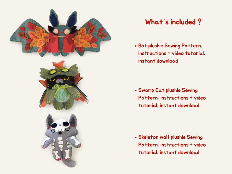 DIY Halloween plushie pattern with step-by-step instructions, showing cut felt pieces and stitching details. Bat, swamp Cat, skeleton wolf. Amigurumi doll.