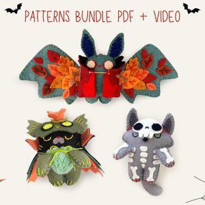 Pacchetto di modelli di amigurumi di Halloween, modelli di cucito in feltro, ghirlanda di Halloween, pipistrello, gatto amigurumi e lupo scheletro
