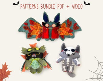Plushie Pattern Bundle, Halloween Garland, Bat Plush and Cat Amigurumi and Skeleton Wolf, Felt Sewing Patterns, Amigurumi Doll DIY