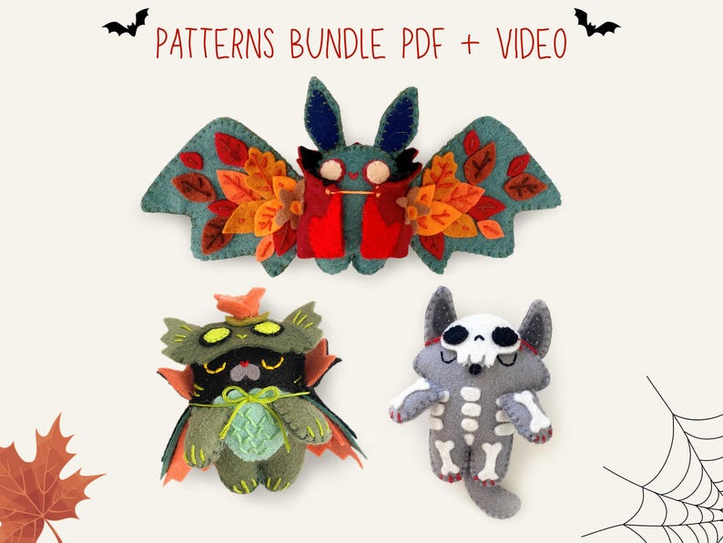 DIY Halloween plushie pattern with step-by-step instructions, showing cut felt pieces and stitching details. Bat, swamp Cat, skeleton wolf. Amigurumi doll.