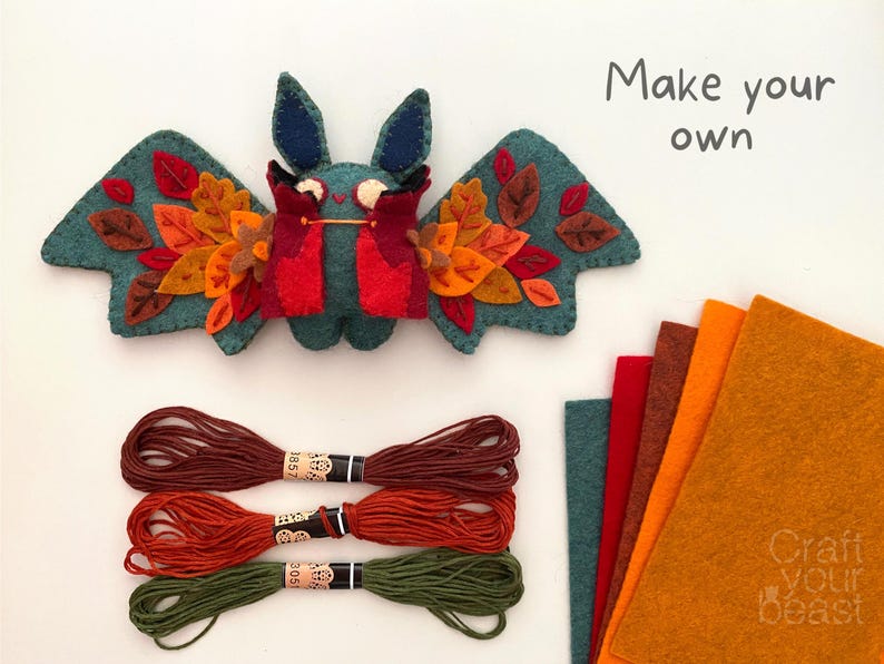Handmade felt bat plushie made from a DIY sewing pattern, perfect for Halloween decor or spooky gifts.