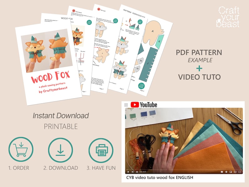 Sewing pattern preview exemple for felt plushies, showing digital PDF instructions and printable templates.