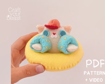 PDF sewing pattern and video tutorial DIY of a mini stuffed animal cat plush waves amigurumi easy to sew