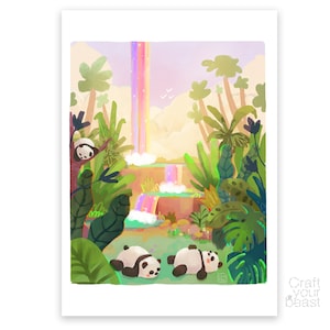 Paradise Jungle Tropical Panda Unique Art Print Cascada Rainbow Print Calidad superior Elegante decoración de la pared del hogar Idea de regalo