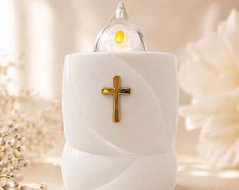 LED Memorial Candle with Cross, 200-Day Battery Operated Grave Light