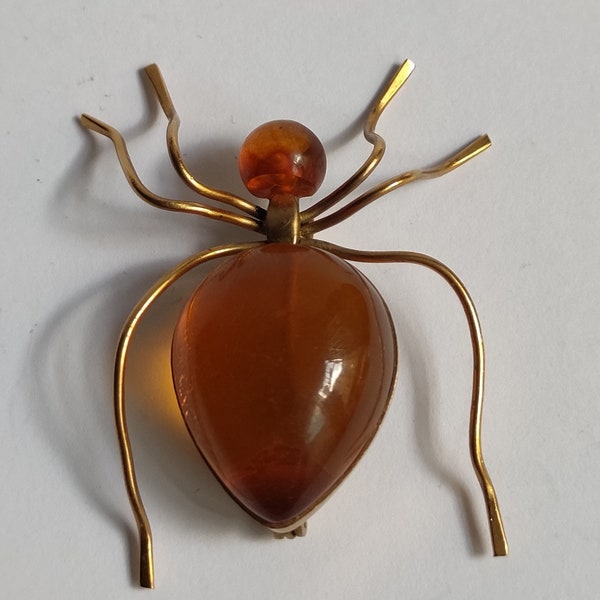 Vintage Gold Plated Metal Brooch With Amber - Spider