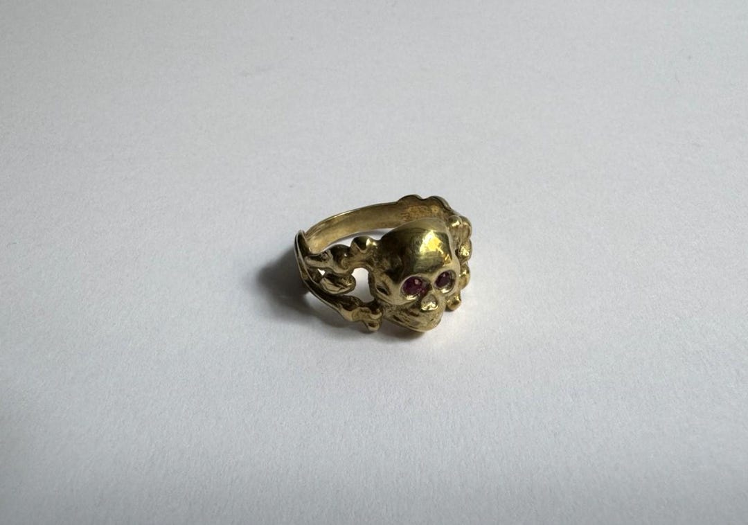 Amazing Antique Memento Mori Gold Plated Silver Ring - Skull & Bones ...