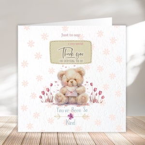 Thank you card. A square Handmade Card for a special person with a Cute bear with love note and flowers designed on textured paper.