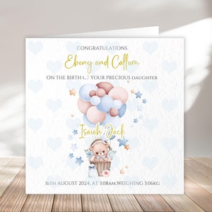 Personalised newborn baby card keepsake to gift to the new parents to celebrate the new addition. Custom made keepsake for new babys arrival