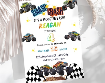 Monster Truck Birthday Invitation • Editable Canva Template • Smash Crash Truck Party Invite