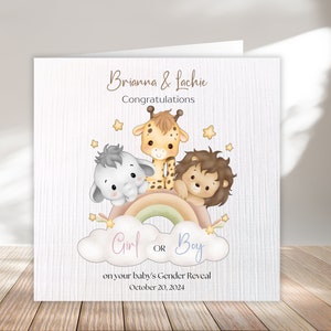 Personalised Gender reveal Card to Gift to the expecting parents to be. Rainbow safari watercolor Card handmade gift. Boy or Girl