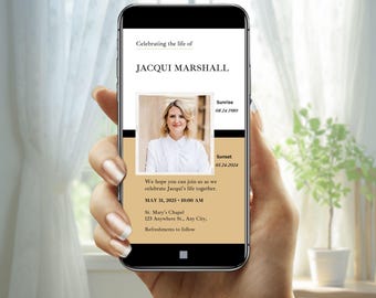 May include: A mobile phone screen displaying a memorial service announcement for Jacqui Marshall. The announcement includes her birth and death dates, the date and time of the service, and the location. The announcement is in a black and gold color scheme.