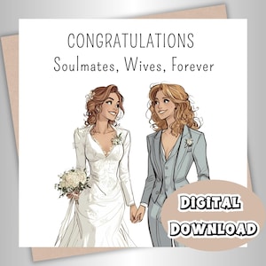 Cartão de casamento LGBTQ, cartão de casamento digital para impressão da Sra. e Sra., cartão de felicitações para casamento lésbico, parabéns, almas gêmeas, esposas, para sempre