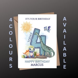 Personalised 4th Birthday dinosaur card for a boys birthday gift. A beautiful boys card, Custom made for the birthday boy.