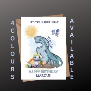 Personalised 3rd Birthday dinosaur card for a boys birthday gift. A beautiful boys card, Custom made for the birthday boy.