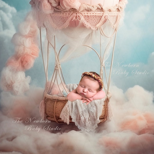 Newborn Digital Backdrop with hot air balloon, Newborn Digital Background, pink, sky, clouds, floral, girl