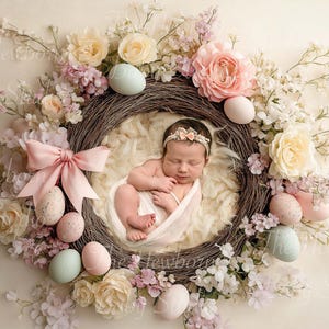 May include: A newborn baby girl sleeping in a nest made of twigs and surrounded by pastel pink and white flowers and pastel colored Easter eggs.