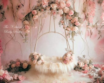 Newborn Floral Swing Digital Backdrop Newborn Swing Prop Pink Flowers  Newborn Swing Prop Digital Background Pink Roses Girl