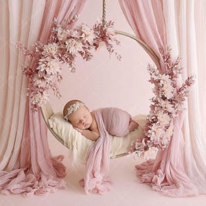 Blush Pink Floral Swing Newborn Digital Backdrop | Baby Girl Photography Prop | Soft Curtain Composite Background