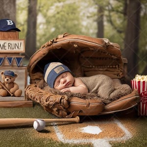 Puede incluir: Un bebé durmiendo dentro de un guante de béisbol, con un gorro azul y beige y un atuendo marrón. Un bate y una pelota de béisbol están frente al guante. Un letrero dice "HOME RUN!" con un oso de peluche sosteniendo un bate.