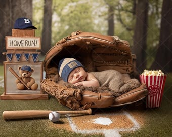 Baseball Newborn Digital Backdrop | Catcher&#39;s Mitt Baby Photo Prop | Sports Theme Newborn Background for Photoshop | Instant Download