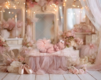 Ballet Newborn Digital Backdrop | Blush Pink Tulle Baby Girl Photo Background | Princess Nursery Composite Prop