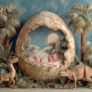 Può includere: Un neonato riposa pacificamente all'interno di un grande guscio d'uovo incrinato, circondato da una scena stravagante. Due figure di dinosauri fanno la guardia, con palme e uno sfondo di cielo nuvoloso. La scena evoca un tema di asilo preistorico.