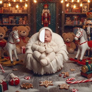 Könnte beinhalten: Ein Neugeborenes in einem weißen Strick-Outfit ruht in einem gemütlichen Korb, umgeben von Weihnachtsdekorationen. Spielzeug-Schaukelpferde, Teddybären und ein Spielzeugzug sind verstreut. Die Szene spielt in einem festlichen, warm beleuchteten Raum.