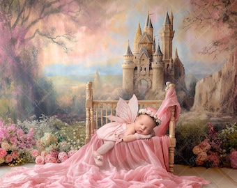 Princess Castle Newborn Digital Backdrop, Fairytale Baby Photography Background, Pink Floral Bed Prop Composite, Fantasy Royal Scene