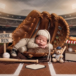May include: A newborn baby in a baseball-themed setting, nestled in a baseball glove. The scene includes a baseball, bat, and a sign that reads "HOME RUN". A teddy bear with a baseball bat and a miniature hot dog stand complete the scene.