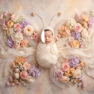 May include: A swaddled infant wearing a cream-colored bonnet is positioned in the center of a butterfly-shaped arrangement. The wings are formed by flowing cream fabric and clusters of pink, peach, lavender, and white flowers.