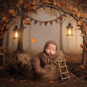 May include: A sleeping baby in a brown outfit and hat rests in a wooden boat-shaped bed with a faux fur lining. The scene is set in a forest with lanterns, fall leaves, and a small wooden ladder.