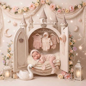 Könnte beinhalten: Ein cremefarbener Holzschrank in Schlossform mit offenen Türen, in dem ein Säugling auf einem weichen Kissen schläft. Drei Babyoutfits hängen an Kleiderbügeln darüber. Die Szene ist mit rosa und cremefarbenen Rosen, Laternen und einem weißen Schwan dekoriert.