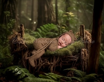 Forest Digital Backdrop, Newborn Digital Backdrop Woodland, in the woods, bed, rustic, boy, girl, green