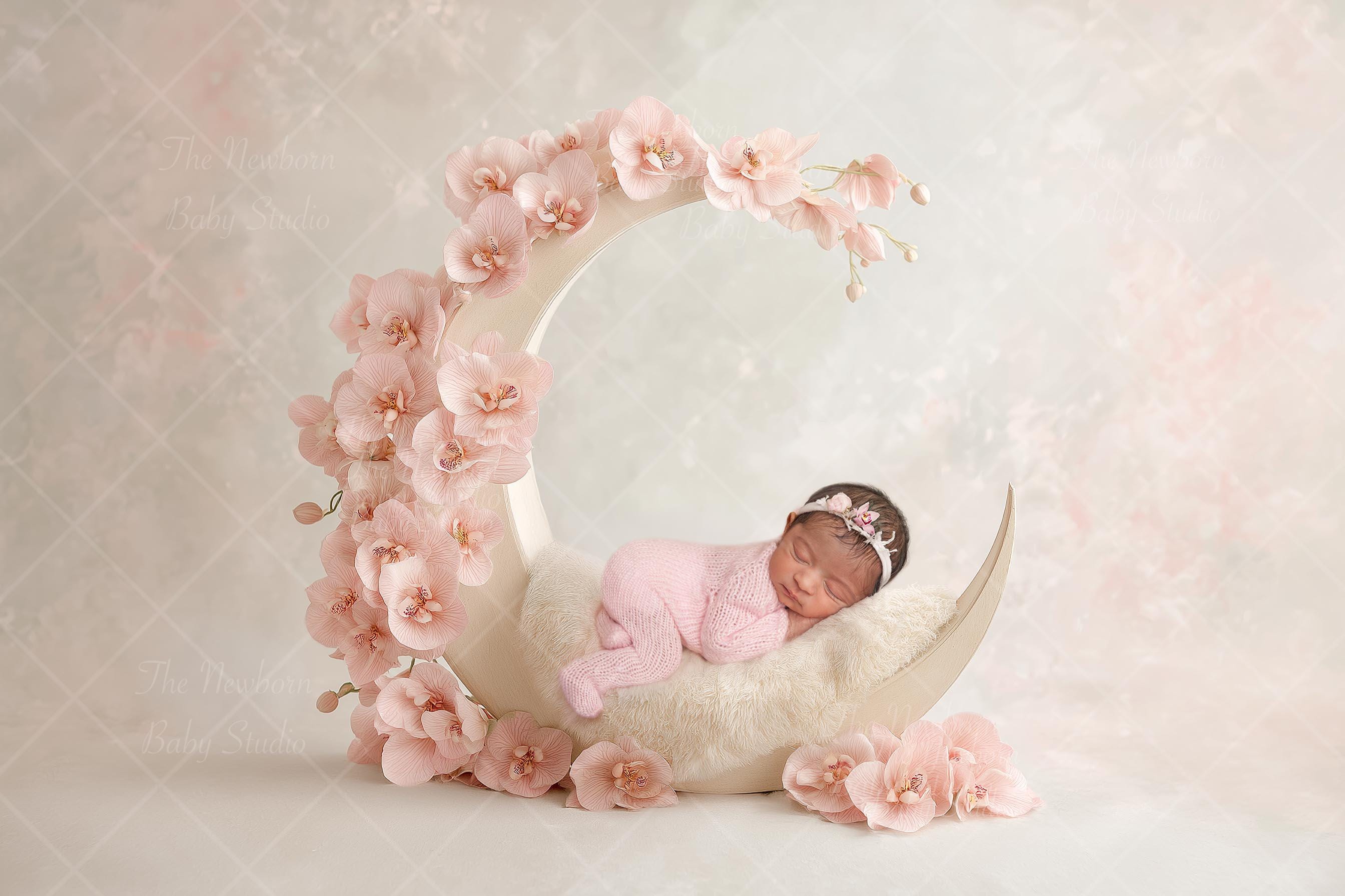 Newborn Digital Backdrop Crescent Moon | Pastel Pink Floral Baby Photo Prop | Orchid Moon Backdrop | Newborn Composite Background