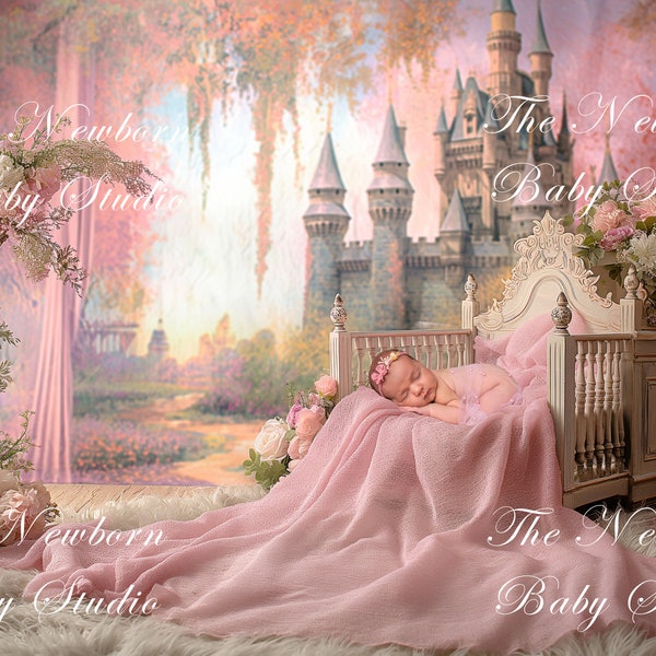 Newborn Digital Backdrop, Digital Backdrop Newborn, Newborn Digital Background, Princess, Castle, pink, Girl, magical, enchanting