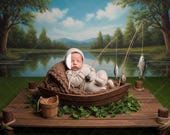 Fishing Boat Newborn Digital Backdrop, Face Insert Baby Photo Prop, Lake Scene Composite Background, Photography Overlay PSD