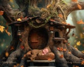 Newborn Digital Backdrop Treehouse, Digital Backdrop Newborn, Newborn Digital Background, Autumn, Falling leaves, Woodland