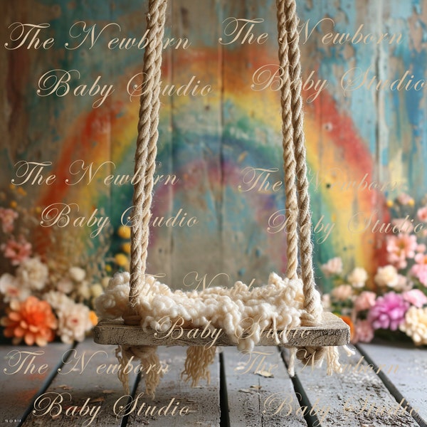 Newborn Digital Backdrop with Swing, Swing background, Rainbow composite, hanging swing, rope, rainbow baby, girl