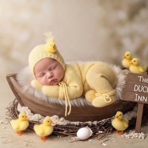 Pode incluir: Um recém-nascido dormindo, vestindo um conjunto e chapéu de malha amarelo com um patinho. Está em uma cama em forma de barco. A cena inclui patinhos de brinquedo, um ovo e uma placa que diz "The Duck Inn".