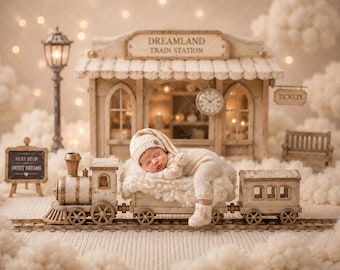 Digitale achtergrond pasgeboren treinstation | Vintage spoorweg fotografie achtergrond | Treinstation | Rekwisieten voor babyfotografie | Direct downloaden