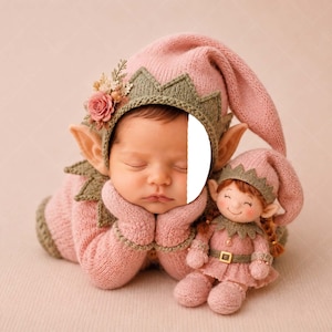 May include: A knitted pink and olive green elf-style outfit featuring a pointed hat with a decorative floral accent, paired with a matching small plush elf doll. The outfit includes pointed ear attachments and a textured knit pattern throughout.