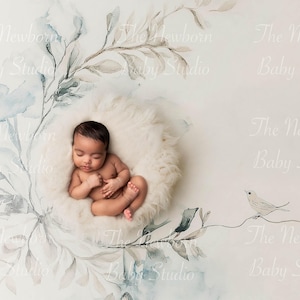 Puede incluir: Un bebé recién nacido durmiendo plácidamente en un nido blanco y esponjoso, rodeado de un diseño floral de acuarela. El fondo presenta el texto "The Newborn Baby Studio".