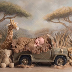 Fondo digital para recién nacidos con jeep de safari, jirafa y león / Fondo para fotos de safari africano / Descarga instantánea