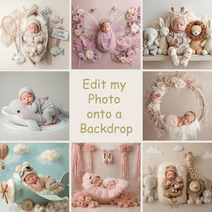 Peut inclure: Un collage de mises en scène de photographie de nouveau-nés. Une image montre un bébé dans un bateau avec des décorations sur le thème de la pêche. Une autre présente un bébé enveloppé dans du tissu avec des ailes de papillon fleuries. D'autres mises en scène incluent un bébé sur un dauphin, dans un avion et dans une couronne florale.